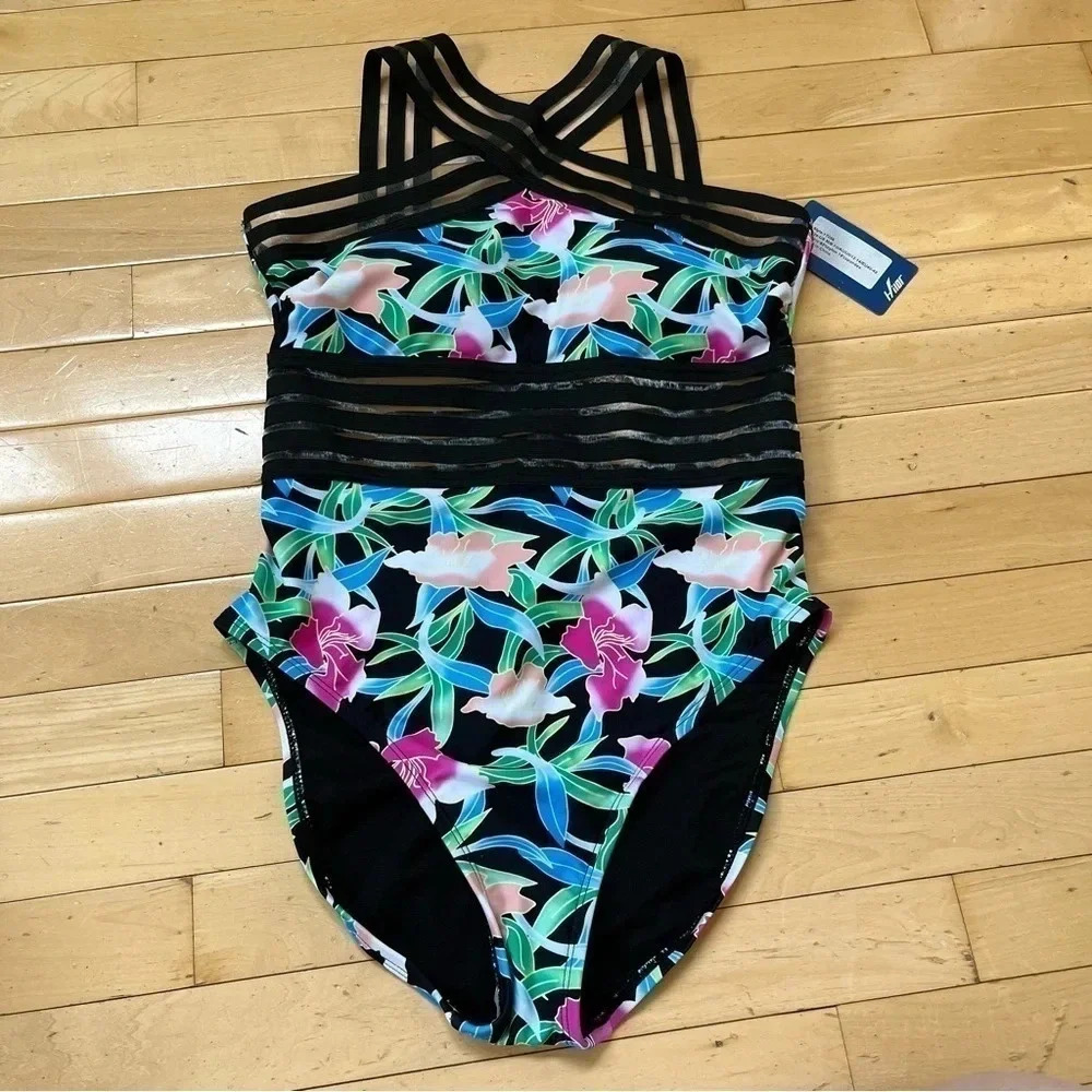 Hilor NWT Womens One Piece Front Crossover Swimsuits Hollow Bathing Floral